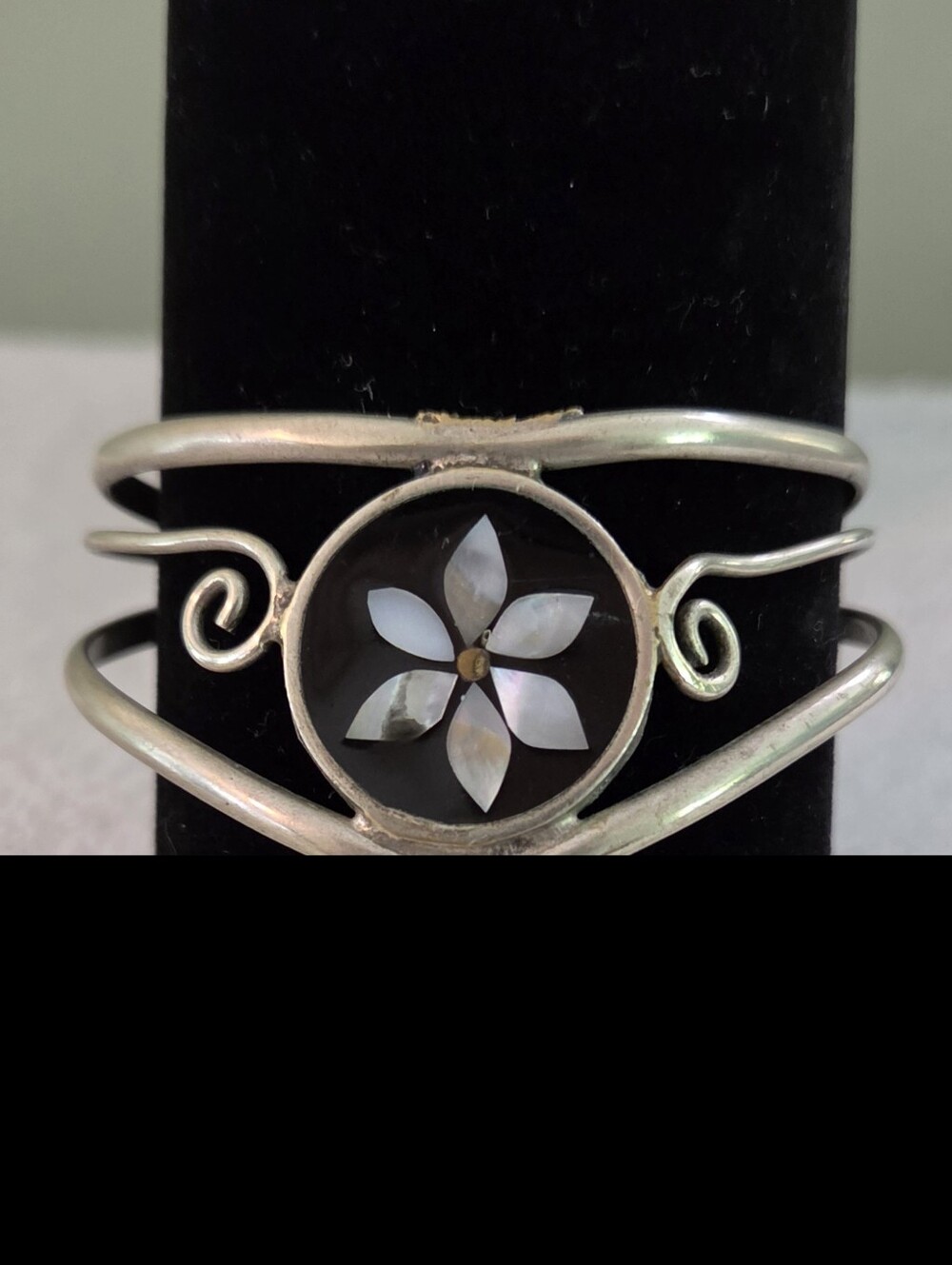 Silver Flower Inlay Cuff Bracelet - White Mother of Pearl Accent
